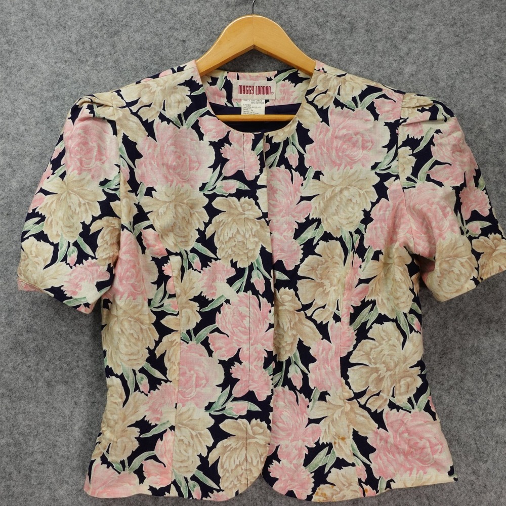 Vintage 1980s Linen Structured Top Women LARGE 12 Pink Cottage MAGGY LONDON